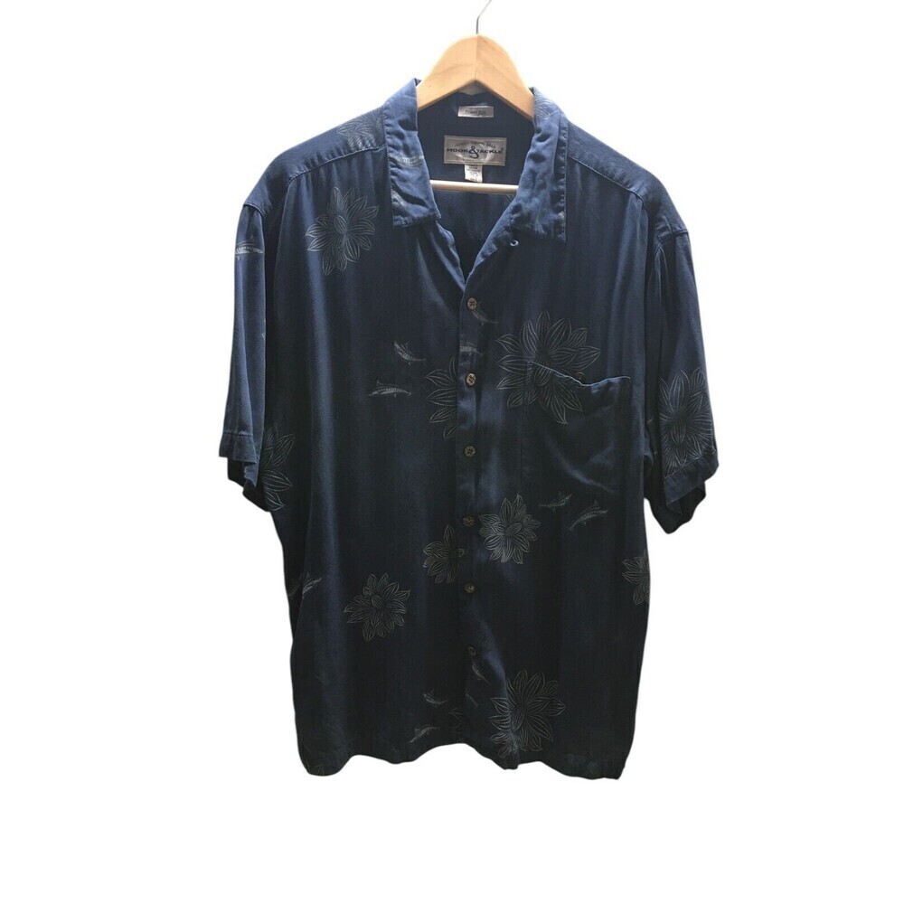Hook & Tackle Shirt Men's Size Large Blue Floral Finest Silk Blend